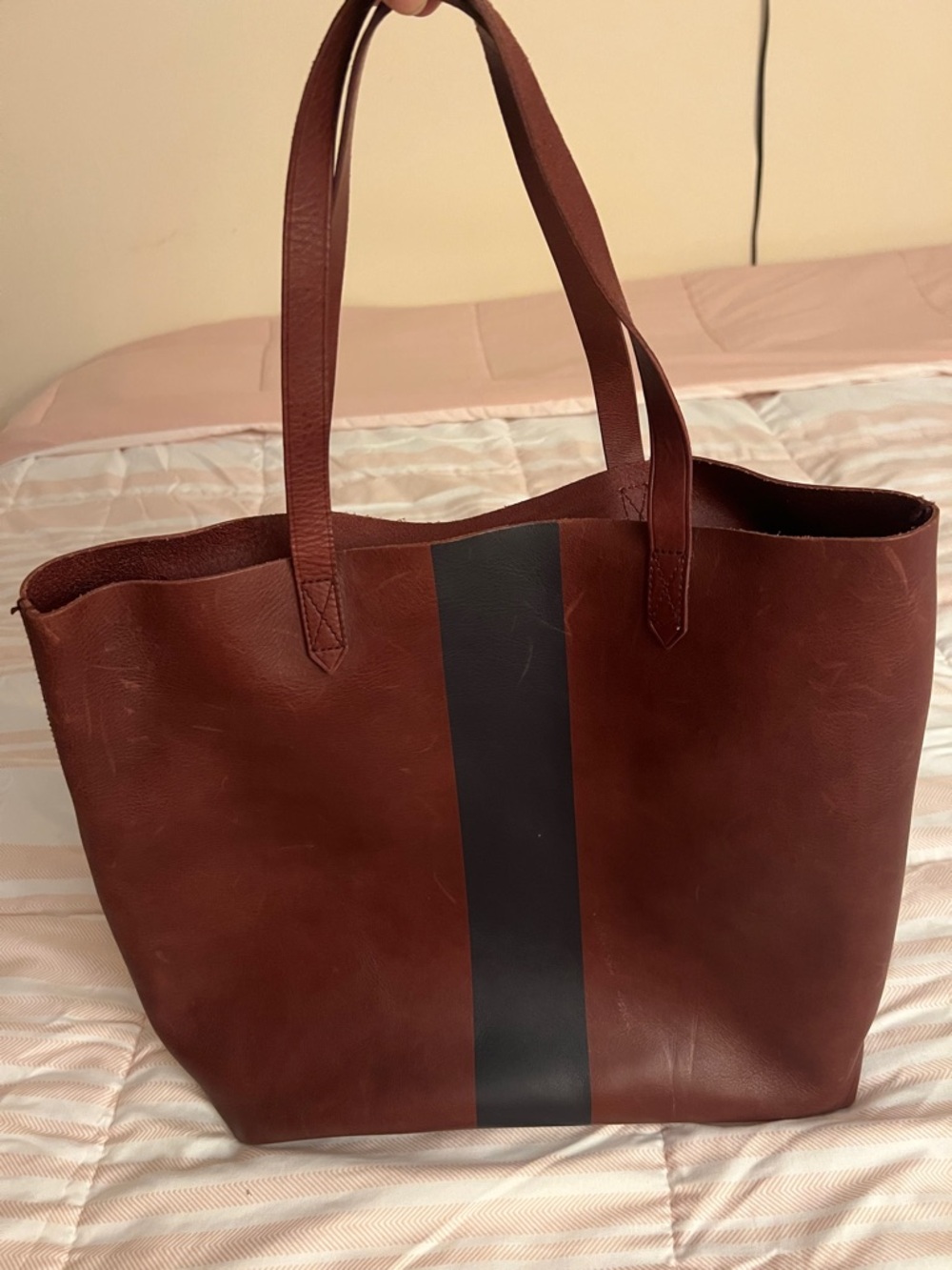 Madewell Brown Leather Tote with Black Center Stripe